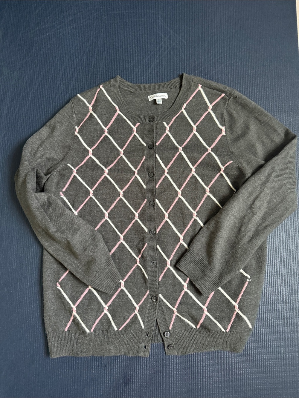 croft & barrow Charcoal Gray Cardigan with Pink & White Argyle, Large
